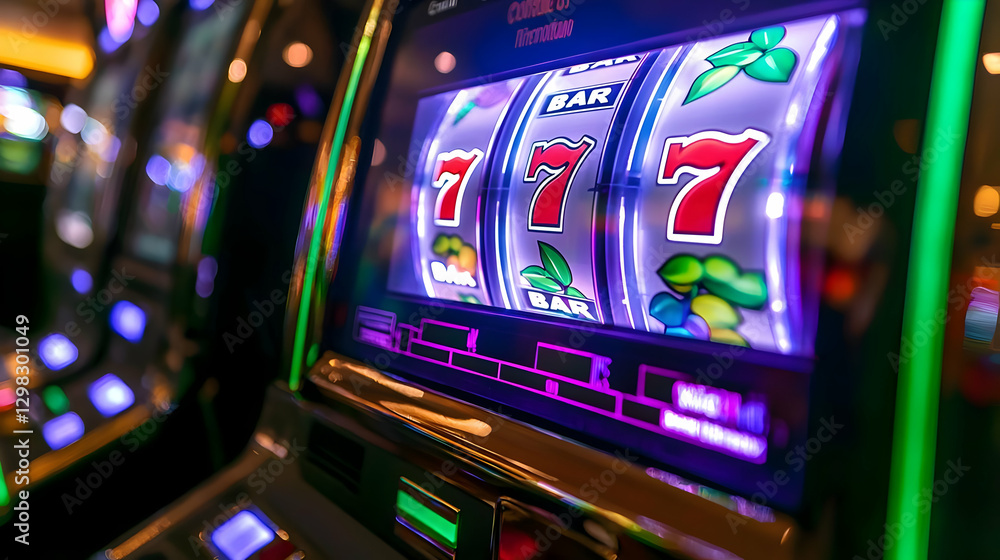 Close Up View Of A Lit Slot Machine With Winning Sevens Display In A Casino Close Up View Of A Lit Slot Machine With Winning Sevens Display In A Casino