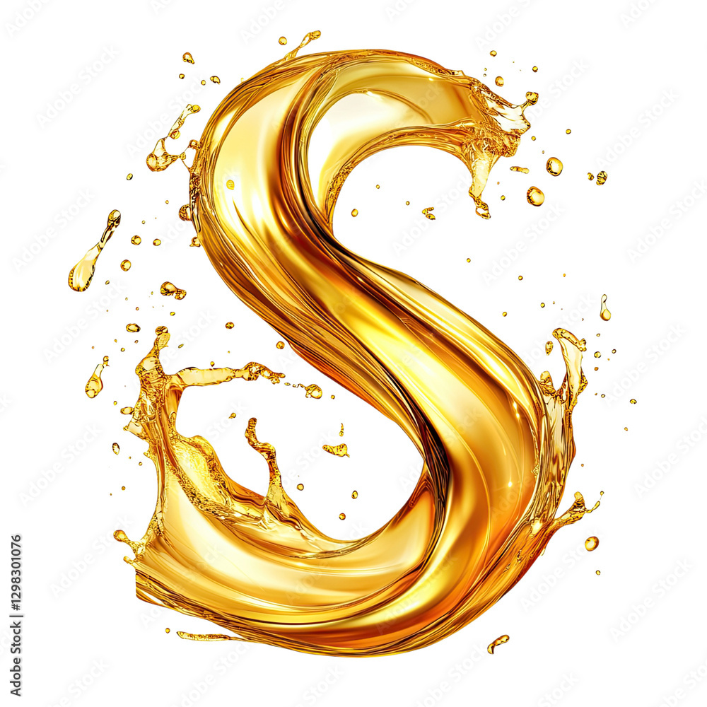 Fototapeta premium A dynamic, flowing S-shaped splash of golden oil isolated on a transparent background.