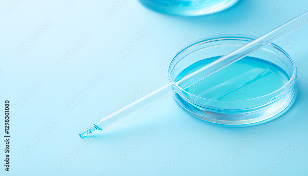 Glass pipette and petri dish with liquid on light blue background, closeup Glass pipette and petri dish with liquid on light blue background, closeup
