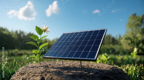 Solar panel near flower on rock in grass, forest background on sunny day