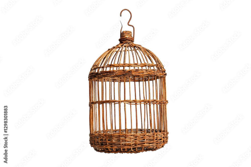 Decorative rustic birdcage hanging against a plain background showcasing craftsmanship and natural materials Decorative rustic birdcage hanging against a plain background showcasing craftsmanship and natural materials
