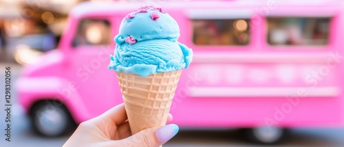 Blue Ice Cream Cone Held In Front Of Pink Van