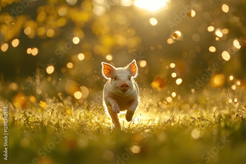 Playful Piglet Running in a Sunlit Meadow Surrounded by Nature photo