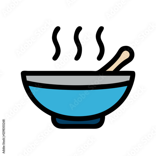 Vector icon of a steaming soup bowl with a wooden spoon, showcasing a simple yet appealing design for various culinary applications