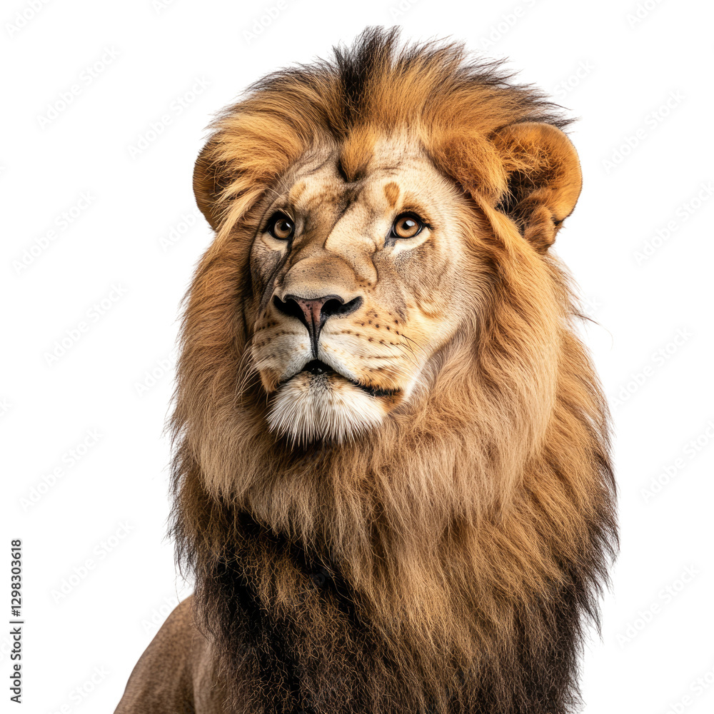 Obraz premium A majestic lion with its head tilted to the side, looking directly at you against a transparent background,