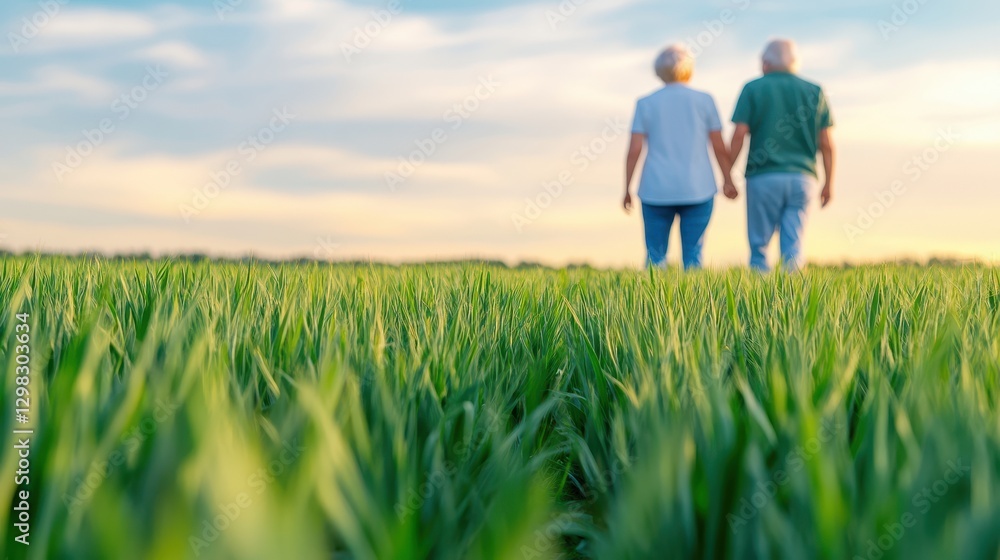 Elderly Couple Holding Hands In Wheat Field Elderly Couple Holding Hands In Wheat Field