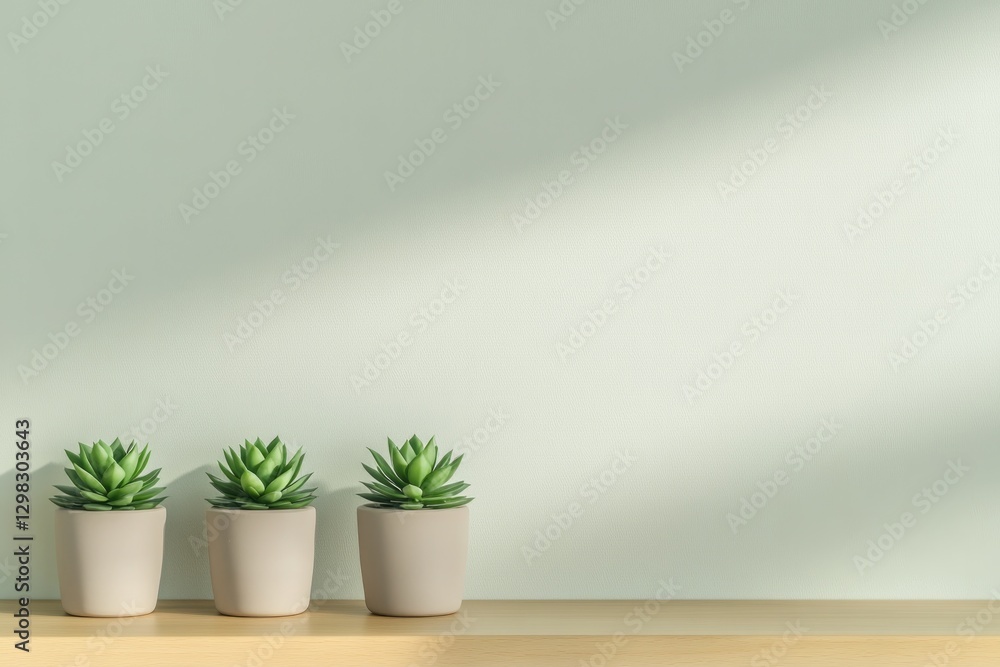 Bright green succulents in minimalist pots against soft pastel b Bright green succulents in minimalist pots against soft pastel b