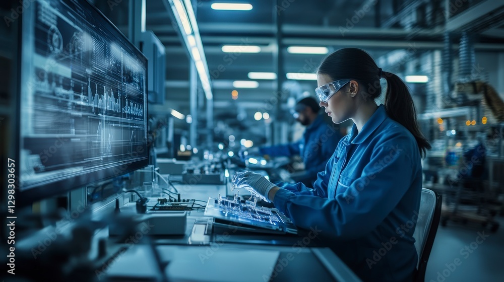 Female Engineer Works on High-Tech Display in Modern Laboratory Female Engineer Works on High-Tech Display in Modern Laboratory