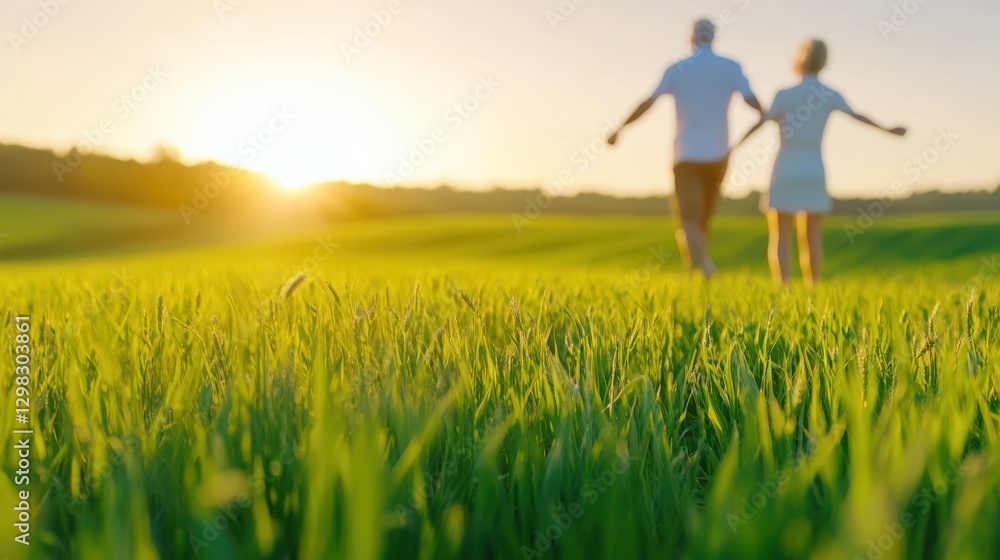 Couple Walking Hand In Hand At Sunset In Field Couple Walking Hand In Hand At Sunset In Field