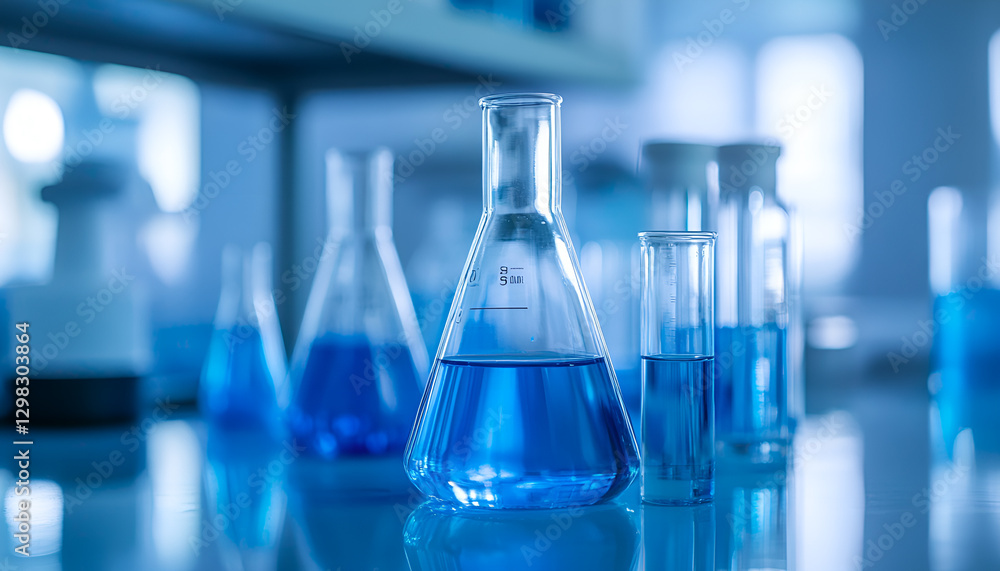 flask and glassware equipment in chemistry science laboratory blue banner background flask and glassware equipment in chemistry science laboratory blue banner background