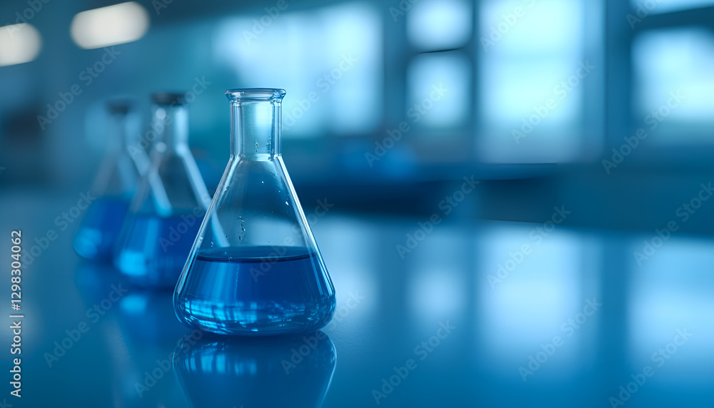 flask and glassware equipment in chemistry science laboratory blue banner background flask and glassware equipment in chemistry science laboratory blue banner background
