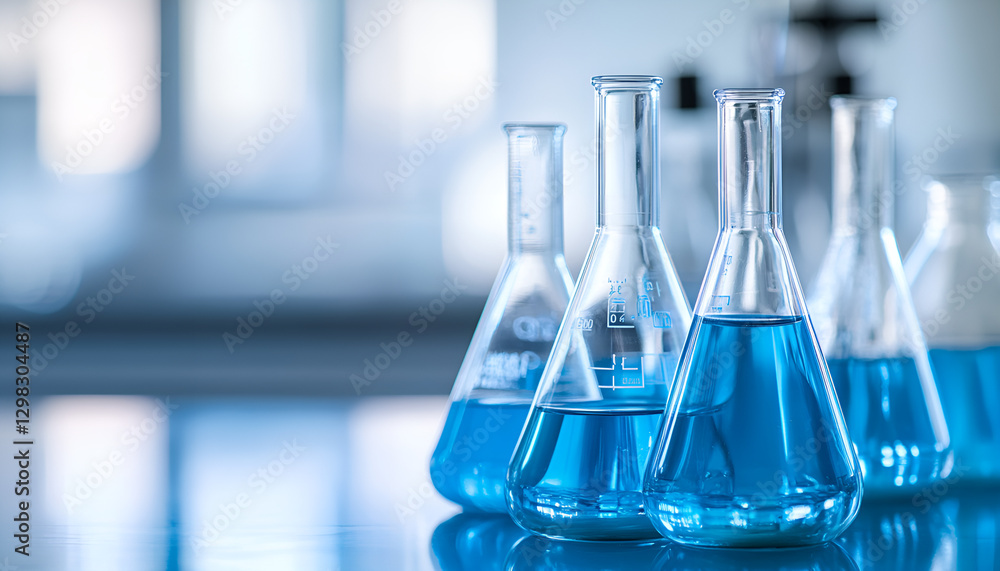 flask and glassware equipment in chemistry science laboratory blue banner background flask and glassware equipment in chemistry science laboratory blue banner background