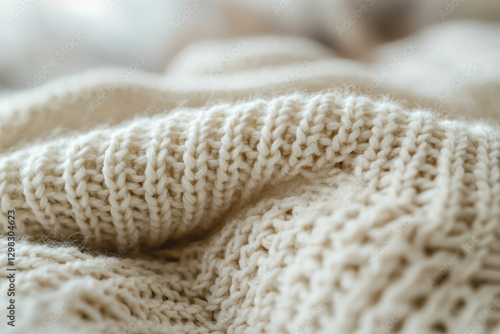 A cozy macro view of a soft, cream-colored knitted wool blanket, showcasing its textured pattern and inviting warmth for comfortable and snug moments indoors. A cozy macro view of a soft, cream-colored knitted wool blanket, showcasing its textured pattern and inviting warmth for comfortable and snug moments indoors.