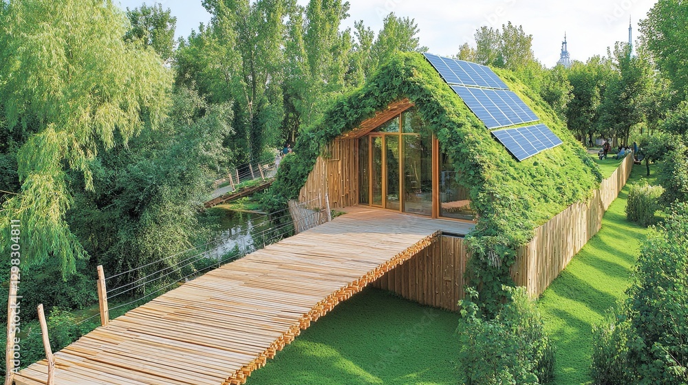 Fototapeta premium Eco-friendly house, wooden bridge, park setting