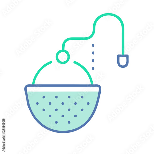 Design of a tea infuser icon illustrating a round mesh container with a tea bag attached, ideal for steeping loose leaf tea at home or in cafes