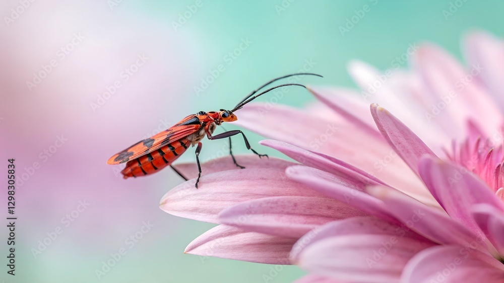 Scarlet Bug on Flower: A vibrant macro shot captures a striking scarlet bug perched delicately on the petal of a soft pink flower, creating a visually stunning contrast against a pastel background. Scarlet Bug on Flower: A vibrant macro shot captures a striking scarlet bug perched delicately on the petal of a soft pink flower, creating a visually stunning contrast against a pastel background.