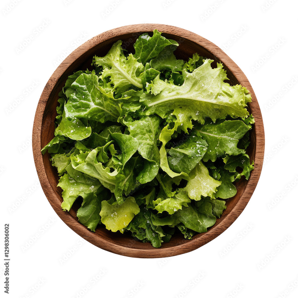 A top-down photograph of a fresh green lettuce salad in a wooden bowl, isolated on a transparent background A top-down photograph of a fresh green lettuce salad in a wooden bowl, isolated on a transparent background
