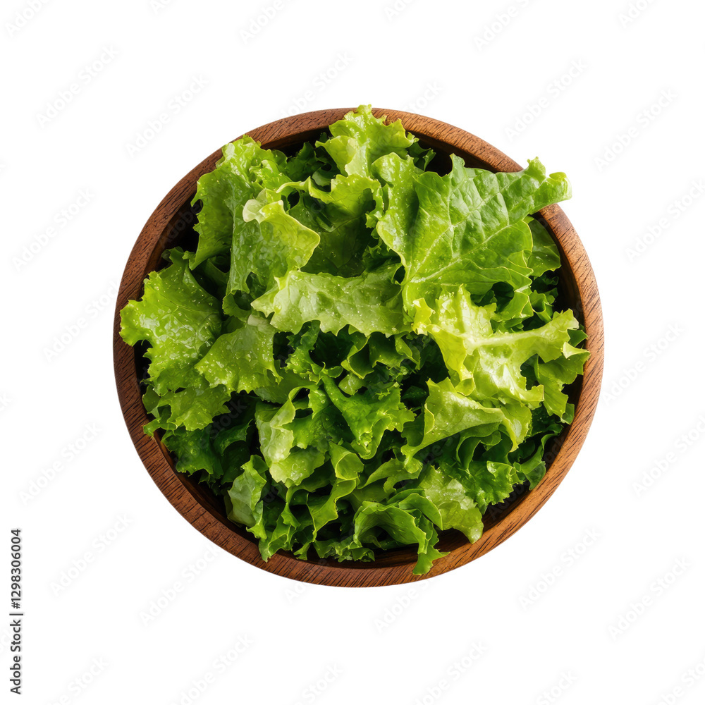 A top-down photograph of a fresh green lettuce salad in a wooden bowl, isolated on a transparent background A top-down photograph of a fresh green lettuce salad in a wooden bowl, isolated on a transparent background