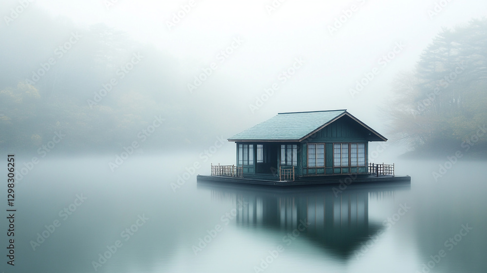 Serene lakeside house in misty foggy atmosphere tranquil green wooden cottage calm peaceful scene beautiful Serene lakeside house in misty foggy atmosphere tranquil green wooden cottage calm peaceful scene beautiful