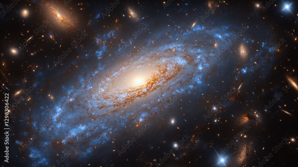 Fototapeta premium Stunning spiral galaxy with glowing core and star clusters in deep space