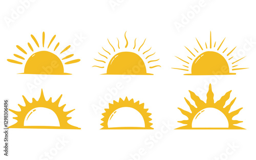 Set of half sun doodle illustration. Yellow sunrise and sunset vector illustration.