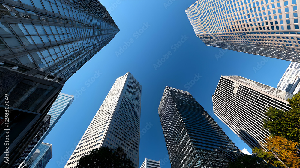 Low Angle View of Skyscrapers Against A Clear Blue Sky with Green Trees and Modern Architecture Design Low Angle View of Skyscrapers Against A Clear Blue Sky with Green Trees and Modern Architecture Design