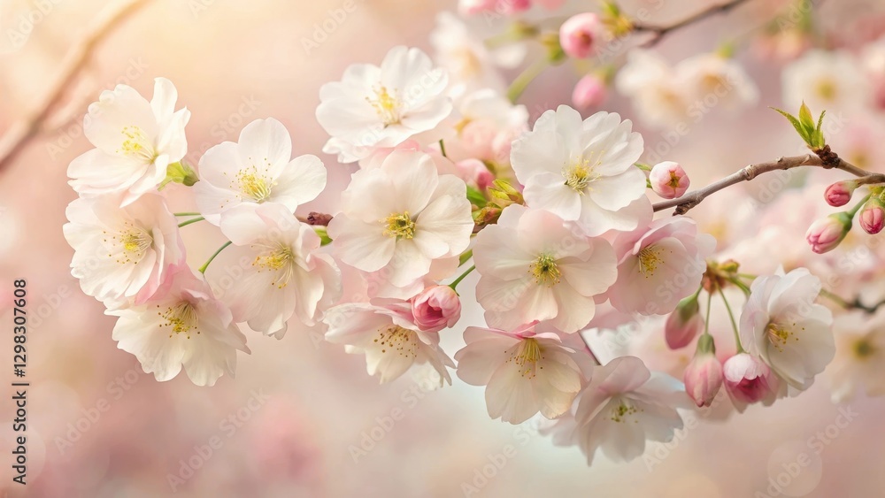 Delicate pastel blossoms on a gently swaying branch, bathed in soft sunlight, showcasing the beauty of springtime's floral awakening Delicate pastel blossoms on a gently swaying branch, bathed in soft sunlight, showcasing the beauty of springtime's floral awakening