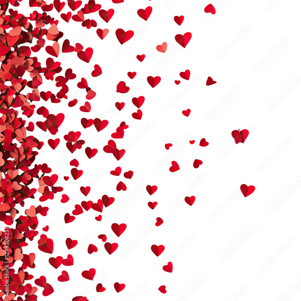 A red paper cutout of hearts falling on a transparent background, A red paper cutout of hearts falling on a transparent background,