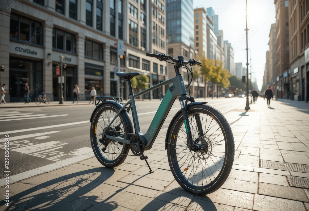 Fototapeta premium Modern electric bicycle parked on a city street in sunlight.
