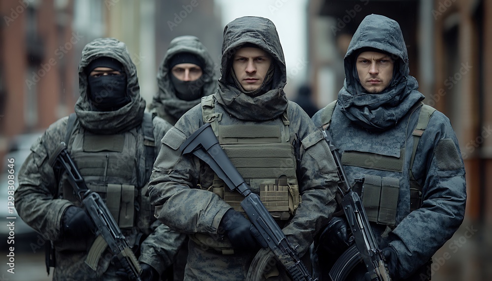 Fototapeta premium Armed soldiers patrol urban street