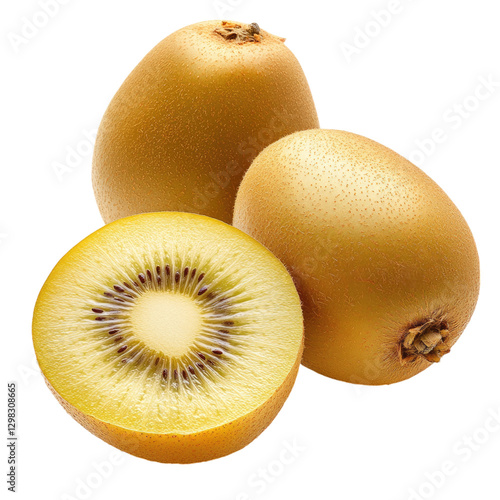 3 golden kiwi fruit, one cut in half with the center showing on transparent background