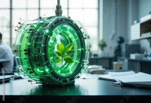 Futuristic biotech device with glowing green lights and plant inside in laboratory.