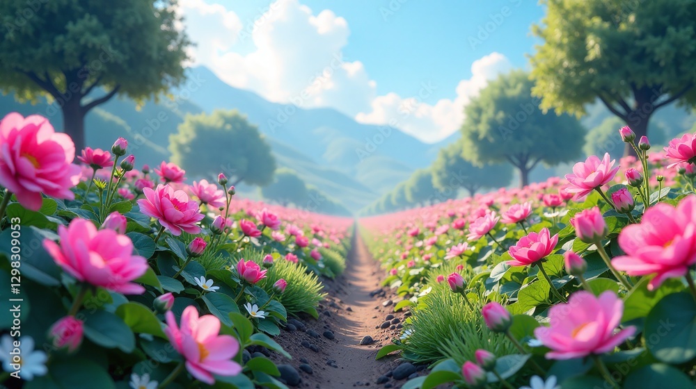 Obraz premium Blossoming fields of pink petals stretch towards distant mountains.