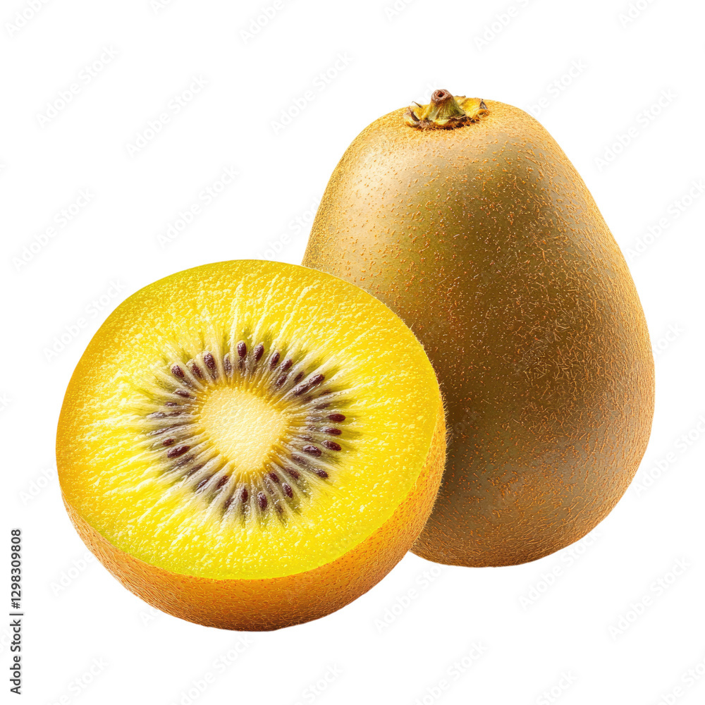Fototapeta premium Golden kiwi fruit, one cut in half with the center showing on transparent background