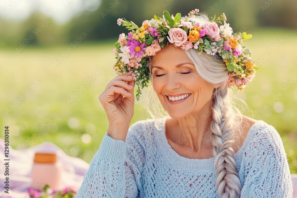 Obraz premium Joyful Woman With Floral Crown In Sunny Meadow