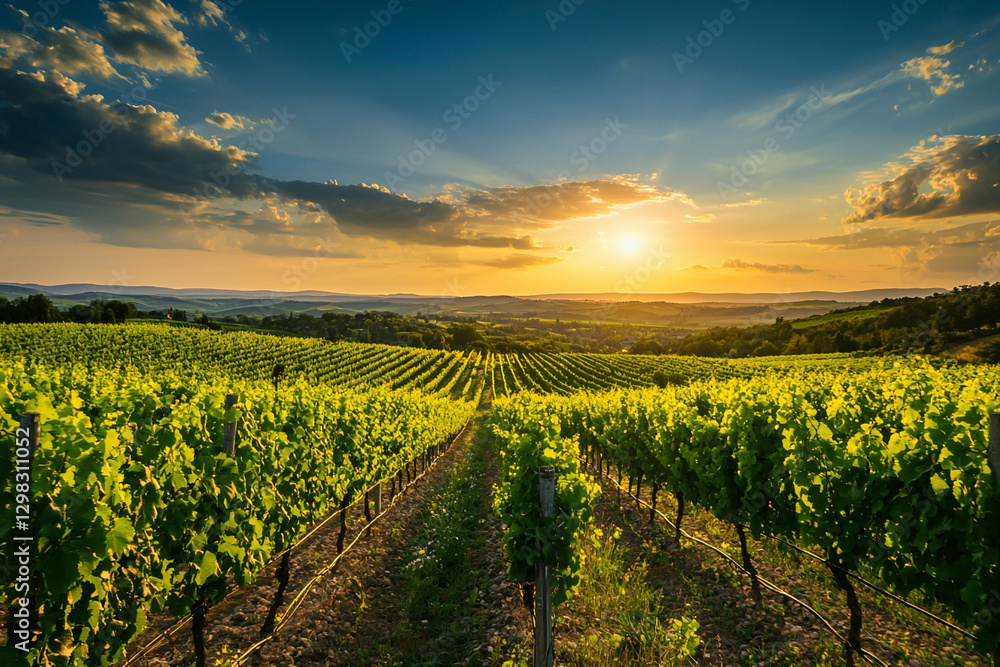 Fototapeta premium Beautiful sunset over a lush vineyard. Generative AI