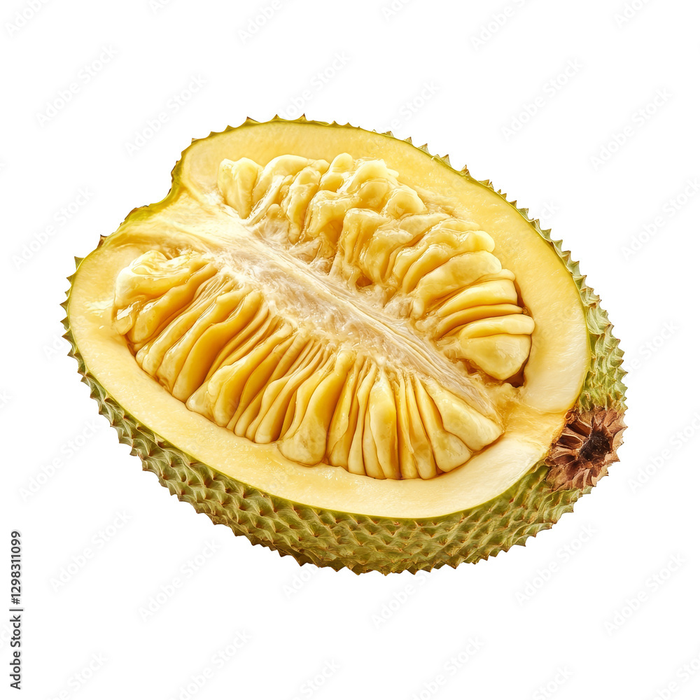 Fototapeta premium Half a ripe jackfruit on a clean transparent background showcasing its unique texture and vibrant yellow flesh, ripe half Jackfruit isolated on transparent background