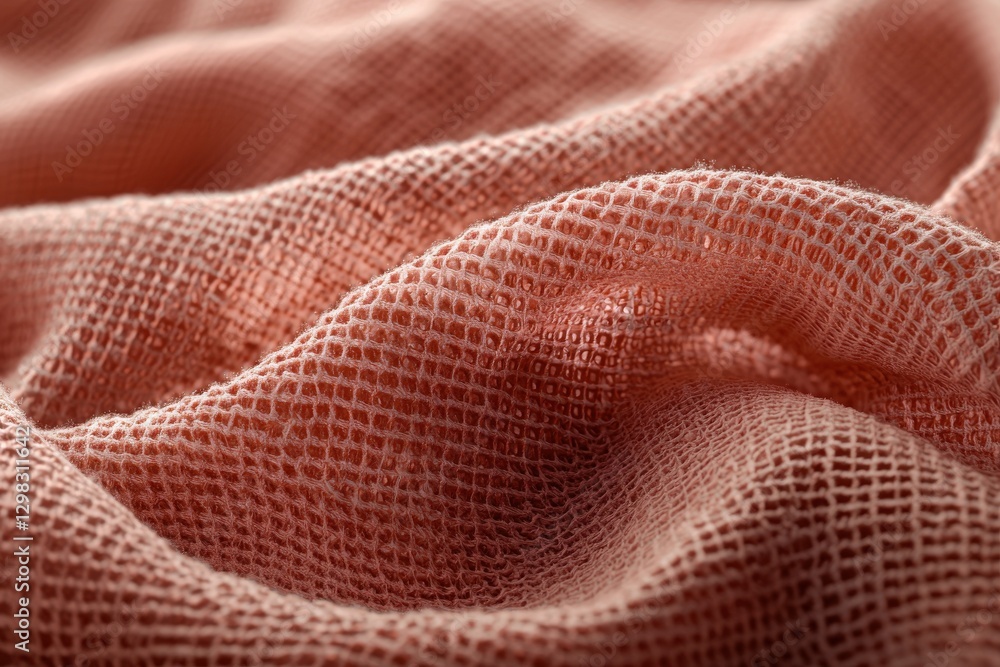 Macro close-up of a delicately textured peach-colored fabric with a waffle weave pattern, creating a soft and inviting abstract background for various creative projects. Macro close-up of a delicately textured peach-colored fabric with a waffle weave pattern, creating a soft and inviting abstract background for various creative projects.