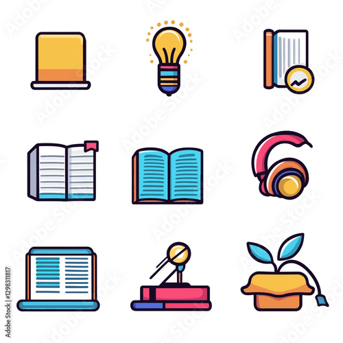 Colorful Learning Icons Illustrating Education, Ideas, and Growth