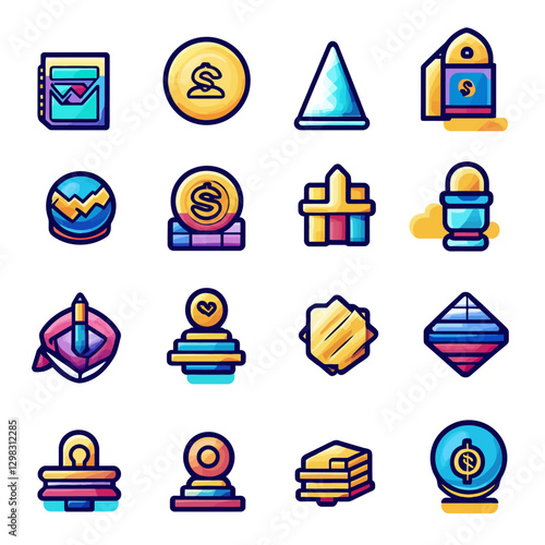 Financial Icons Set on White Background, Illustration of Colorful Design