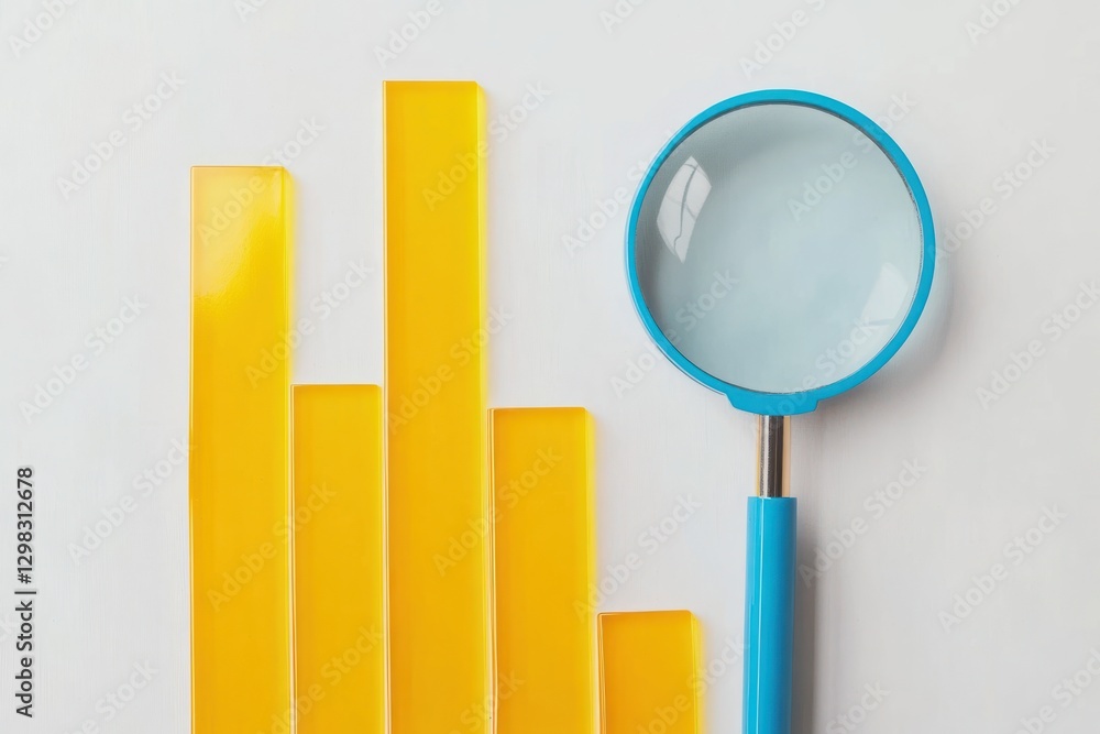 Analyzing upward trend graph; magnifying glass; white background; business concept Analyzing upward trend graph; magnifying glass; white background; business concept
