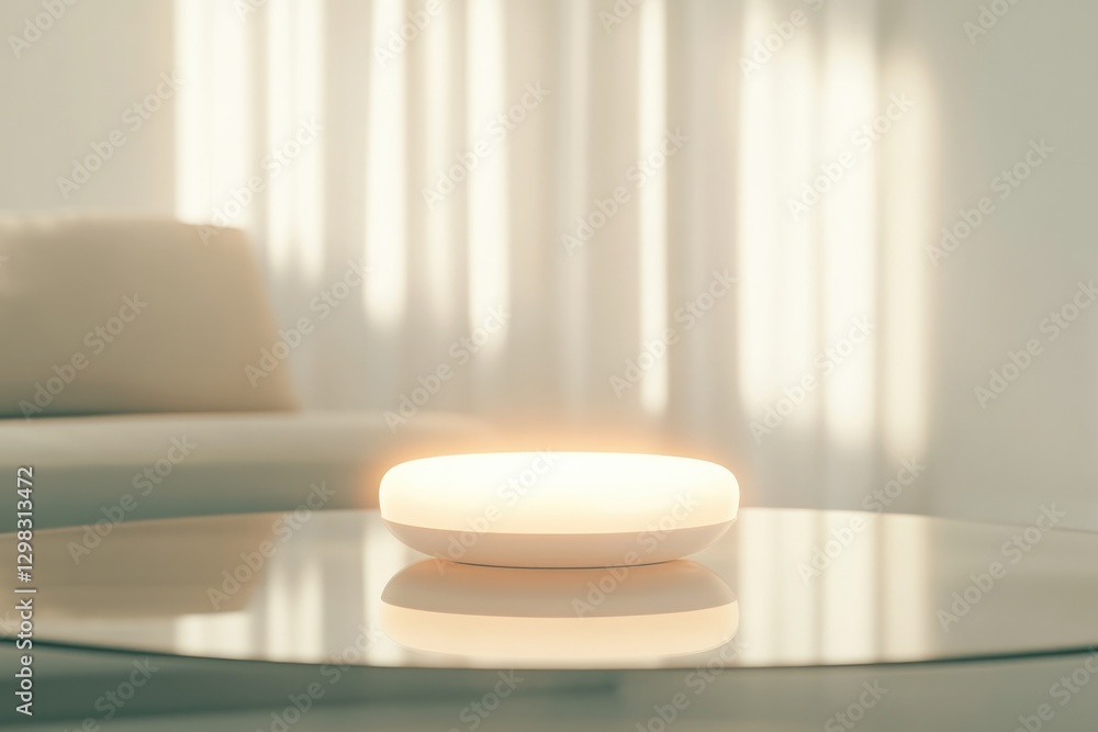 Soft ambient light illuminates sleek circular lamp on glass tabl Soft ambient light illuminates sleek circular lamp on glass tabl