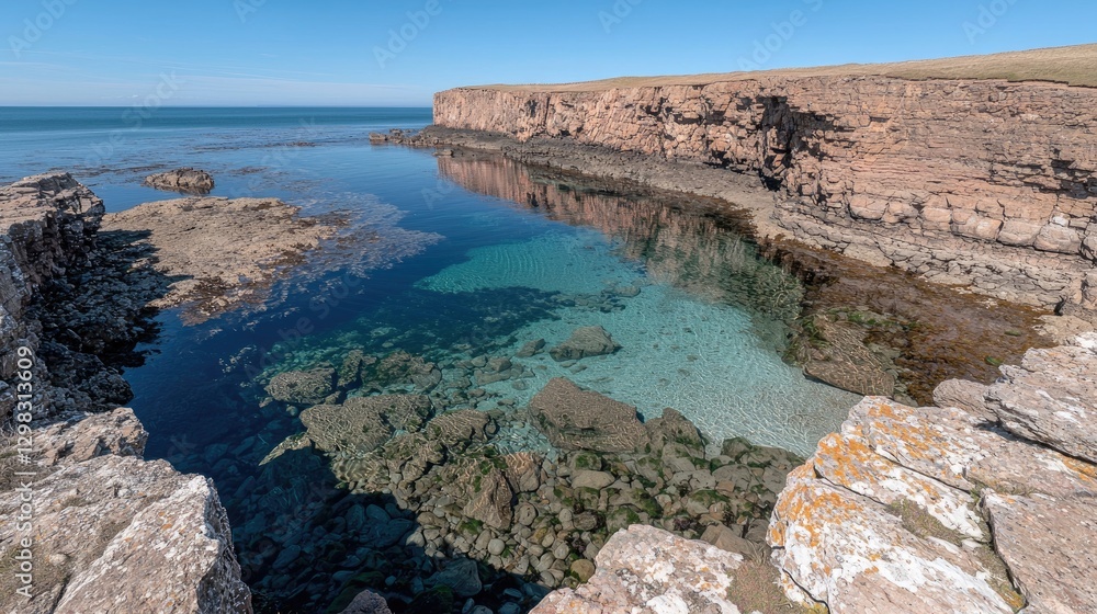 Coastal pool reflecting clear sky, calm water, rocky cliffs Coastal pool reflecting clear sky, calm water, rocky cliffs