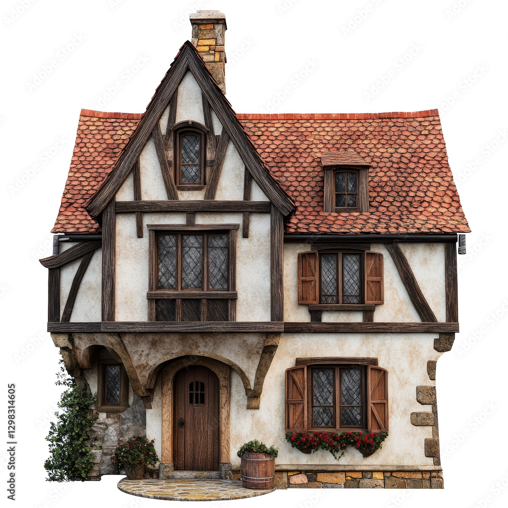 Fototapeta premium Charming medieval European house with a sloped roof set against a clean transparent background, medieval house European isolated on transparent background