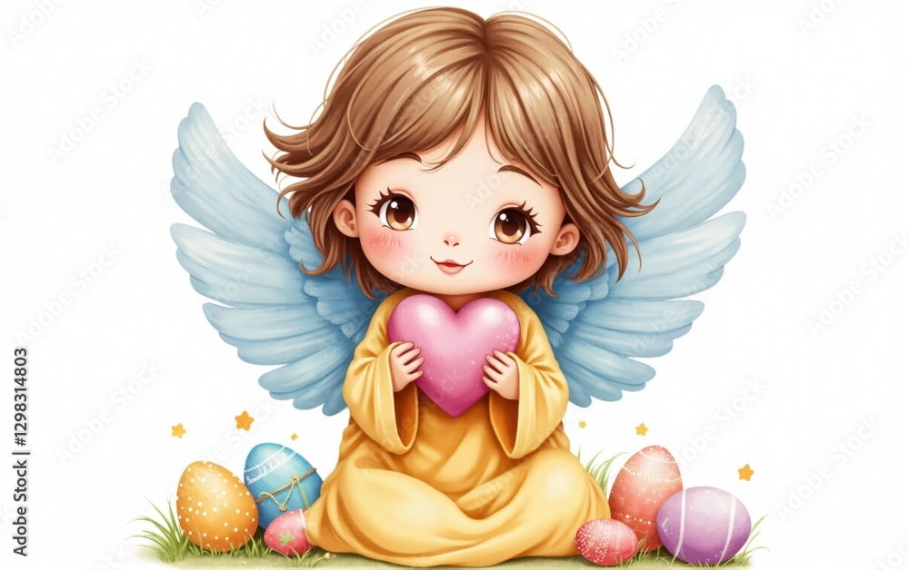 Fototapeta premium Digital Illustration: Angel with Heart and Easter Eggs