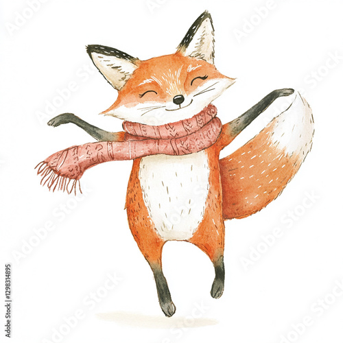 Charming Minimalist Illustration of a Dancing Fox Adorned with a Tiny Scarf Perfect for Whimsical Art Lovers and Nature Enthusiasts Seeking Unique and Playful Decor