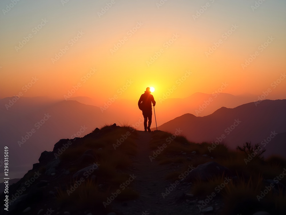 Hiker Silhouette at Sunset on Mountain Trail with Poles Hiker Silhouette at Sunset on Mountain Trail with Poles