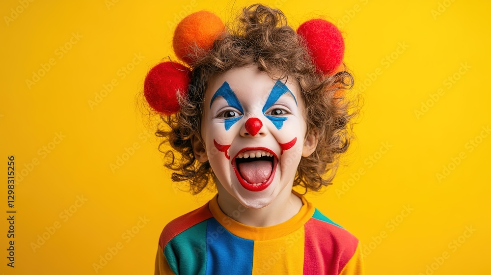 A curly - haired child in a multicolored clown outfit, with pom - poms and bold face paint, laughs widely against a bright yellow background, great for carnival parties. A curly - haired child in a multicolored clown outfit, with pom - poms and bold face paint, laughs widely against a bright yellow background, great for carnival parties.