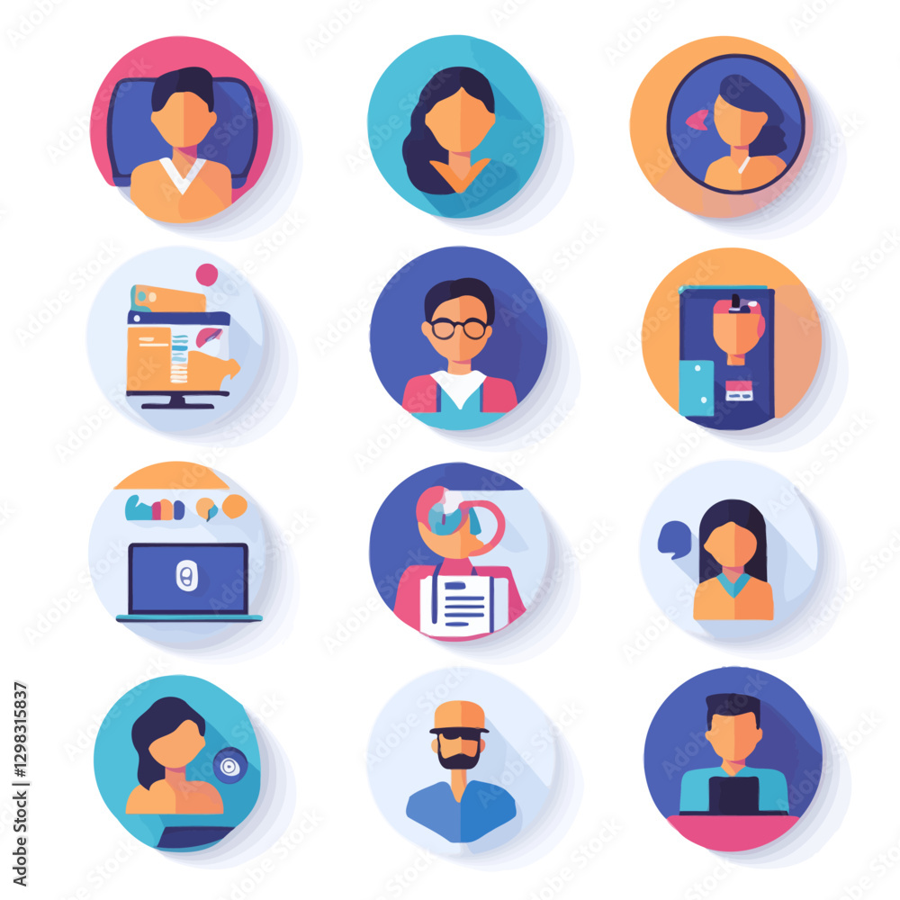 Diverse avatars in flat design style, showcasing people and technology Diverse avatars in flat design style, showcasing people and technology
