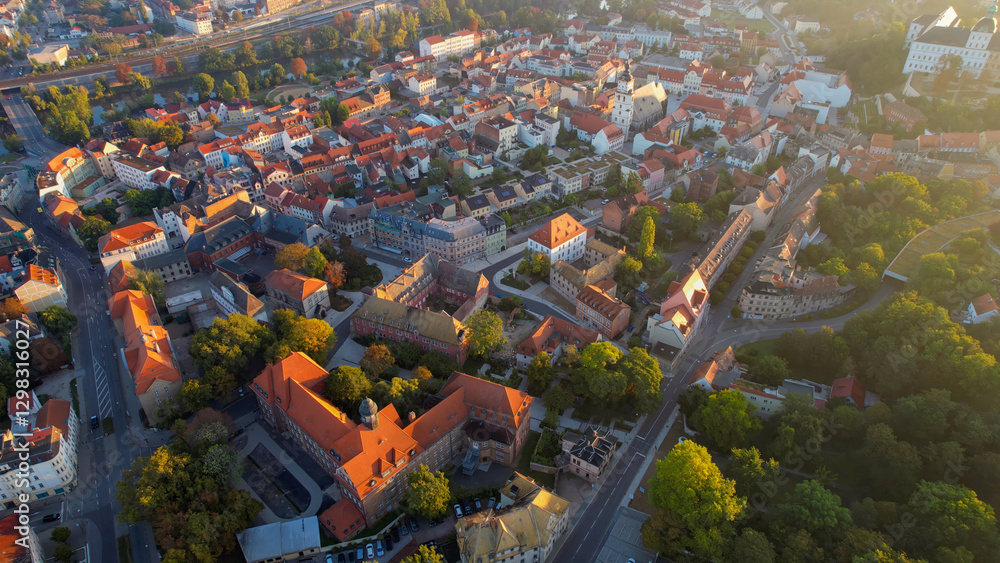 Aerial panorama view around the old town of the city Weissenfels or Weißenfels in Germany on a sunny morning in spring.